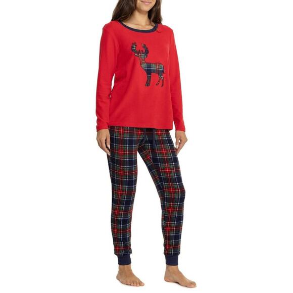 Eddie Bauer Moose Pajamas 2 Pc Set Womens XL Red Plaid Cabin Holiday Christmas - Picture 1 of 12